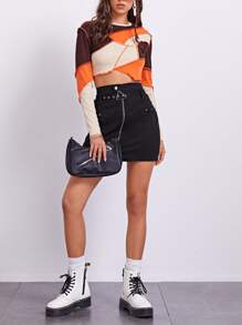 拉鏈腰帶半身裙 - 黑色 - 查看 5