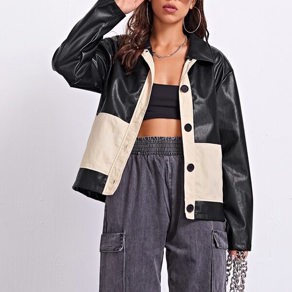 

Color Block Leather Look Jacket, Black
