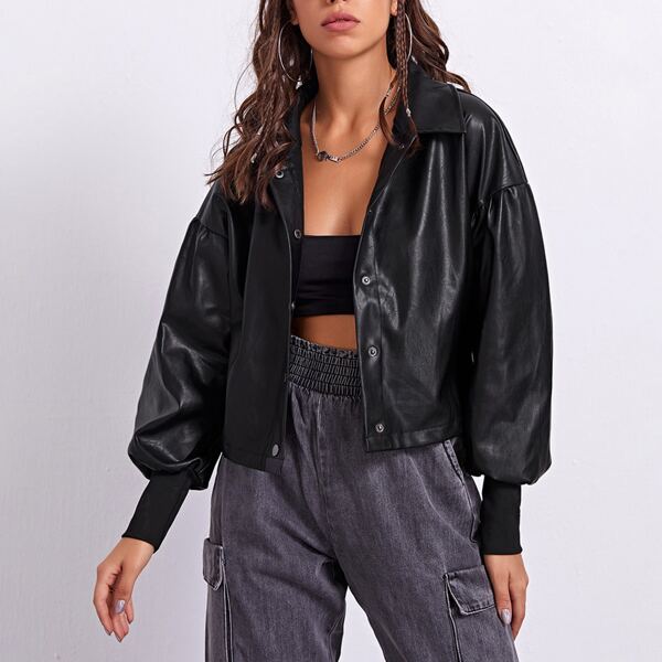 

Drop Shoulder Buttoned PU Leather Jacket, Black