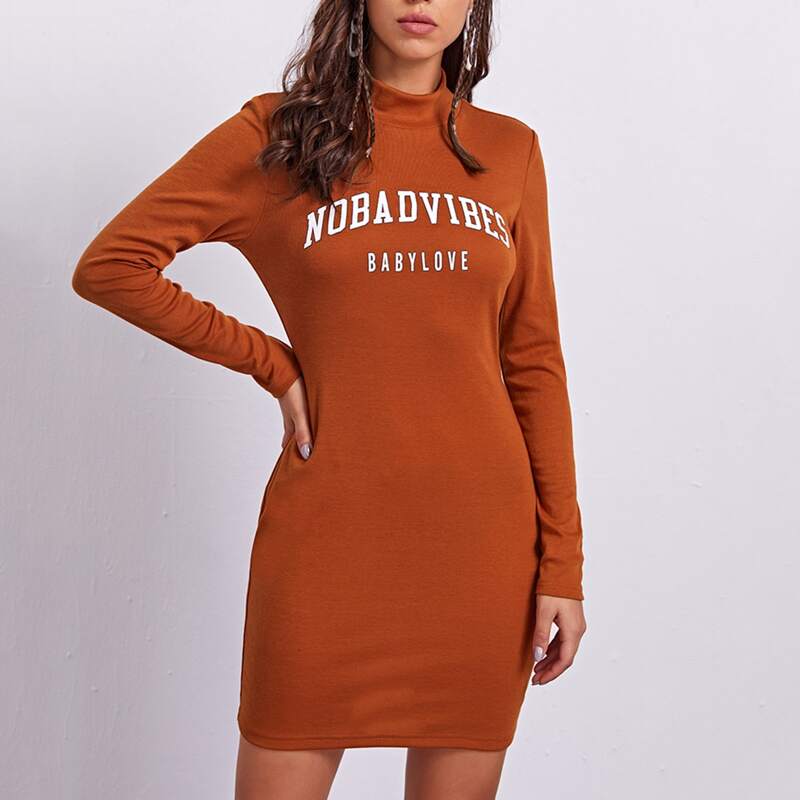 

Mock-neck Letter Graphic Dress, Burnt orange