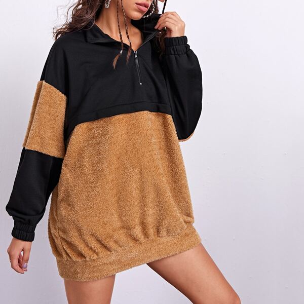 

Two Tone Zip Half Placket Teddy Pullover, Multicolor