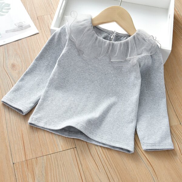 

Toddler Girls Contrast Mesh Collar Keyhole Back Tee, Light grey