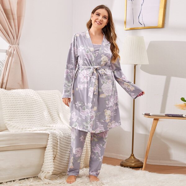

Plus 3pcs Allover Floral Print Belt PJ Set, Mauve purple
