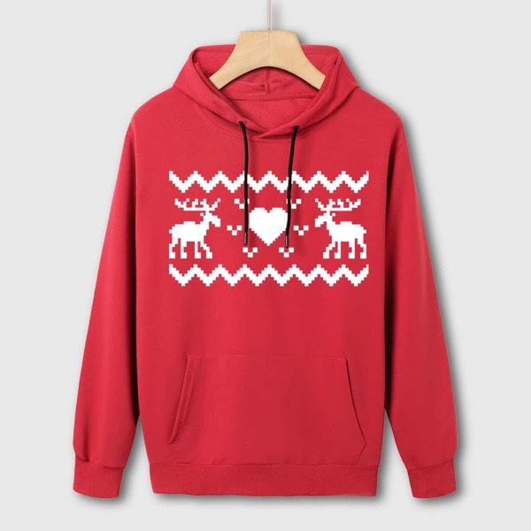 

Christmas Print Kangaroo Pocket Drawstring Hoodie, Red