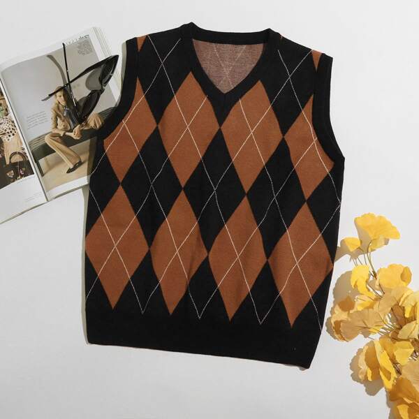 

Argyle Pattern V-neck Sweater Vest, Multicolor