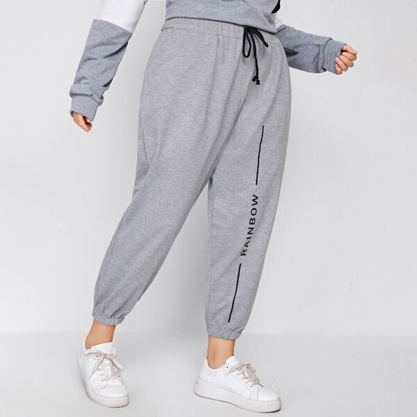 

Plus Letter Graphic Drawstring Waist Sweatpants, Grey