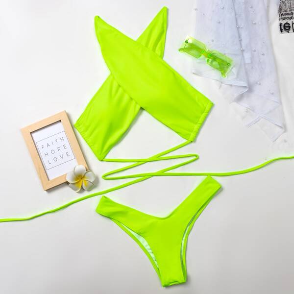 

Neon Lime Cross Front Bikini Swimsuit, Neon lime green