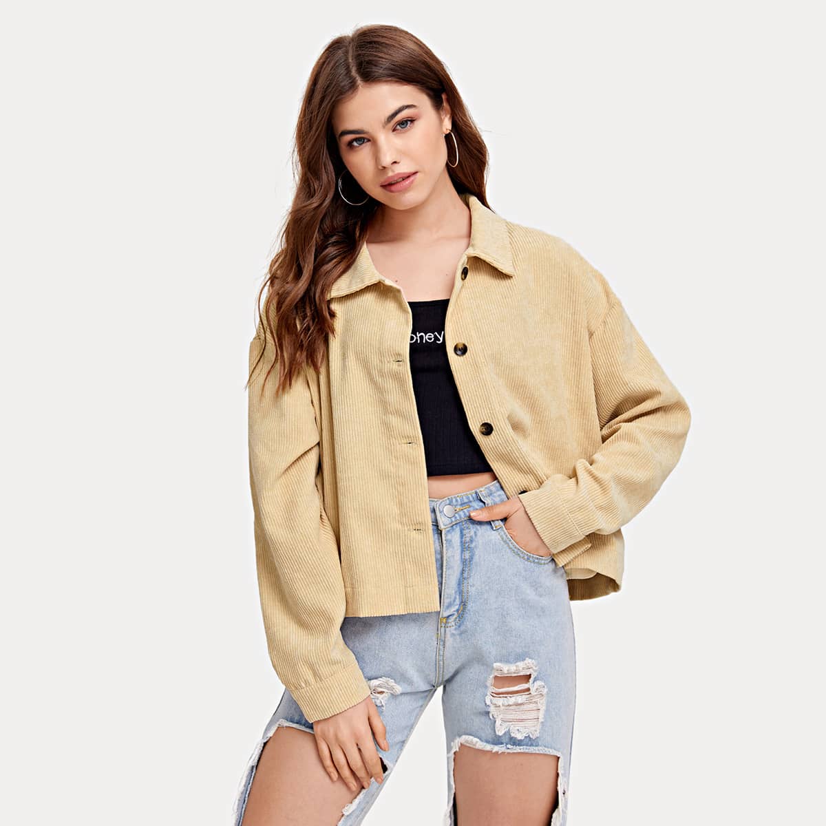 

Solid Corduroy Button Front Jacket, Khaki