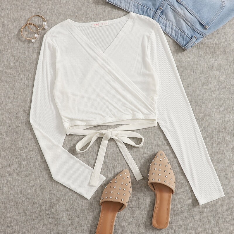 

Surplice Wrap Self Tie Crop Top, White