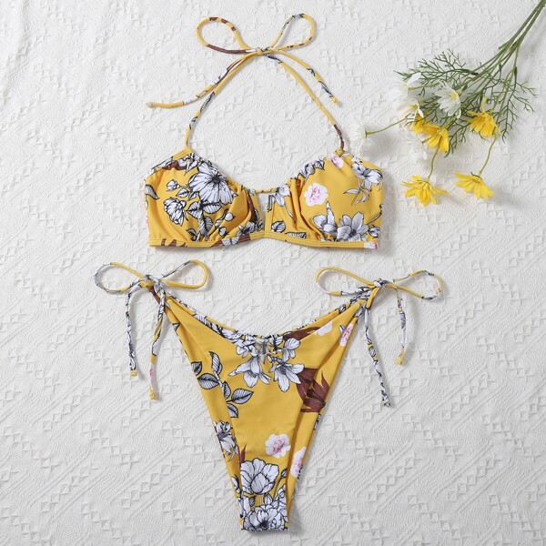 

Floral Halter Tie Side Bikini Swimsuit, Yellow