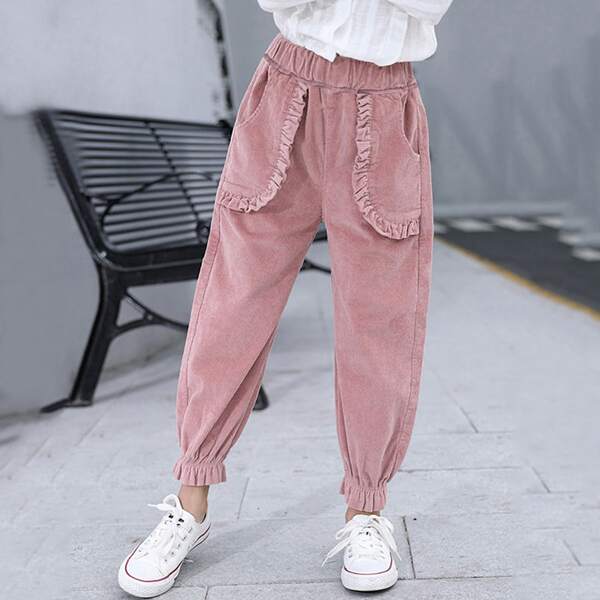 

Girls Elastic Waist Frill Trim Corduroy Pants, Dusty pink