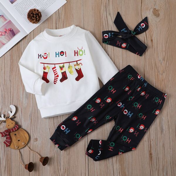 

Baby Girl Christmas Print Sweatshirt With Sweatpants With Headband, Black and white