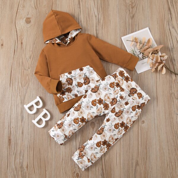 

Baby Unisex Floral Print Kangaroo Pocket Hoodie With Sweatpants, Multicolor