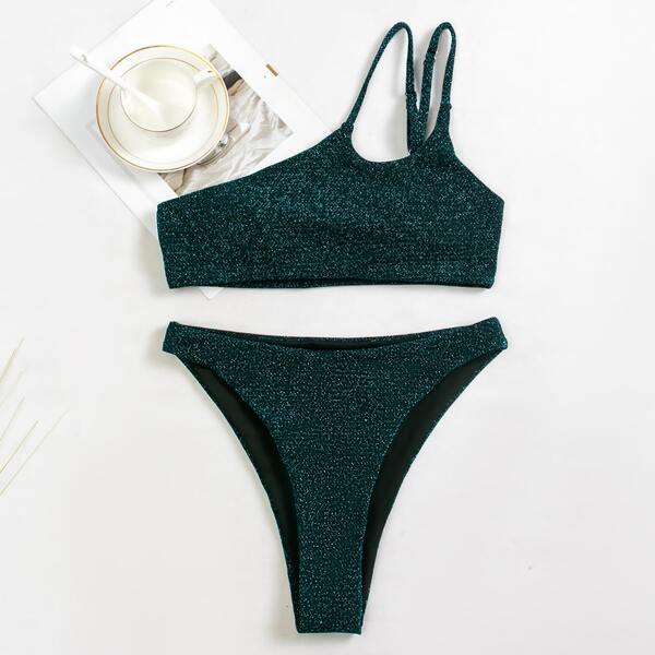 

Glitter One Shoulder High Waisted Bikini Swimsuit, Olive green