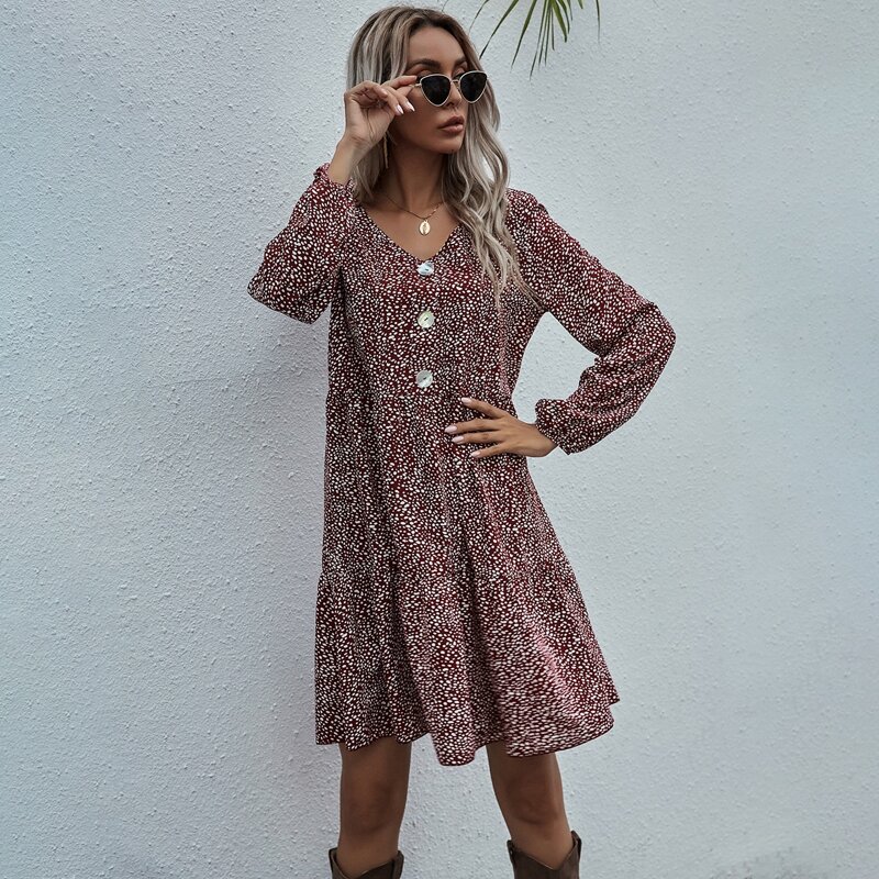 

V-neck Bishop Sleeve Babydoll Dress, Maroon