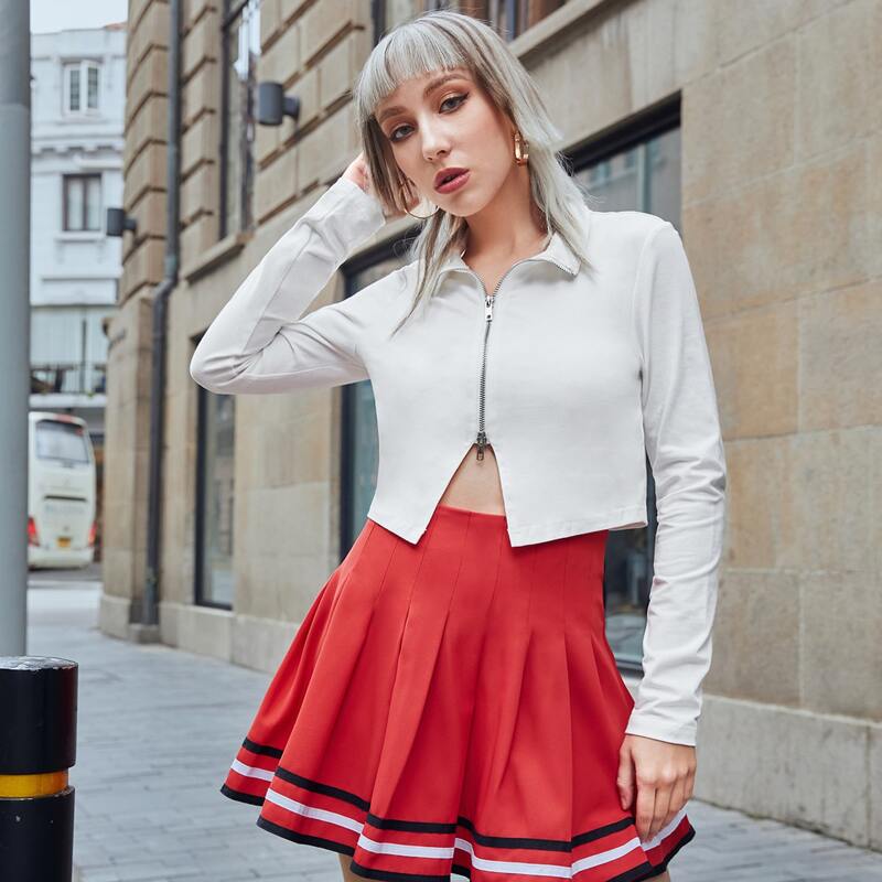 

Zip Up Solid Crop Tee, White