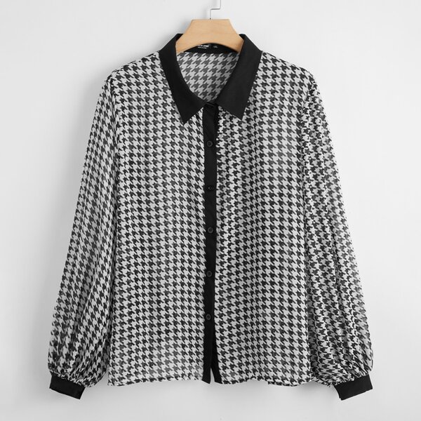 

Plus Houndstooth Contrast Trim Blouse, Black and white