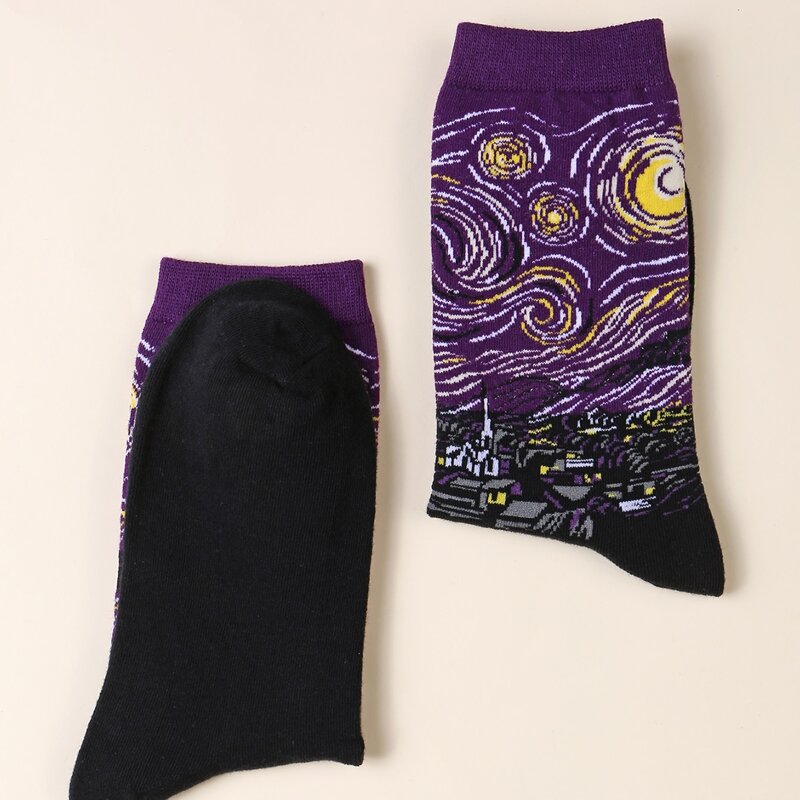 

1pair Oil Painting Print Socks, Black