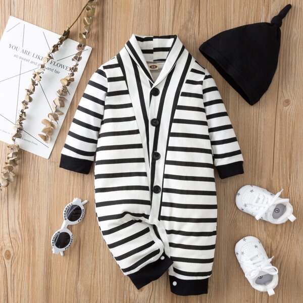 

Baby Boy Striped Button Front Jumpsuit & Hat, Black and white