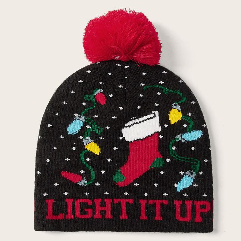 

Pom Pom Decor Christmas Pattern Beanie, Multicolor