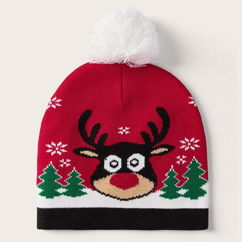 

Pom Pom Decor Christmas Elk Beanie, Multicolor