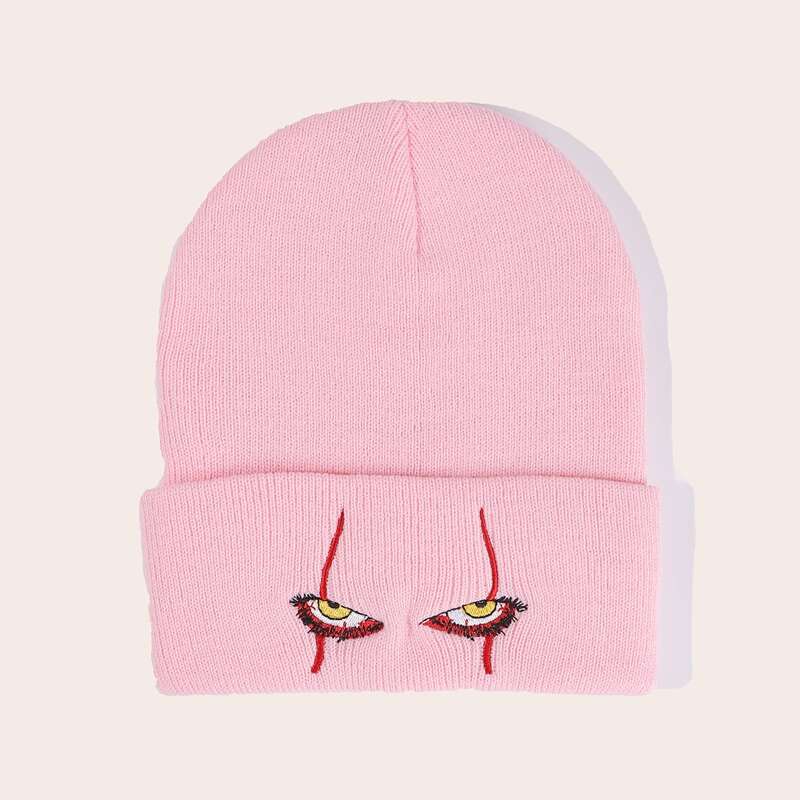 

Eyes Embroidery Knitted Beanie, Pink