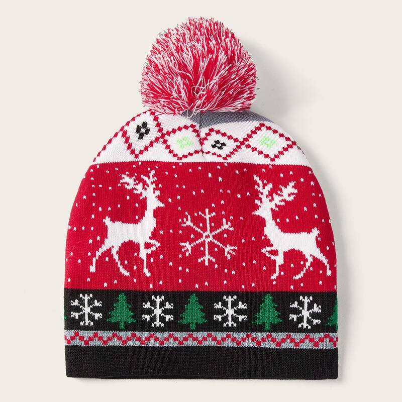 

Pom Pom Decor Christmas Ugly Pattern Beanie, Multicolor