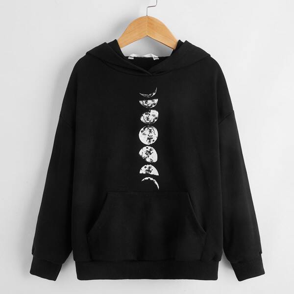 

Girls Moon Print Drop Shoulder Patch Pocket Hoodie, Black