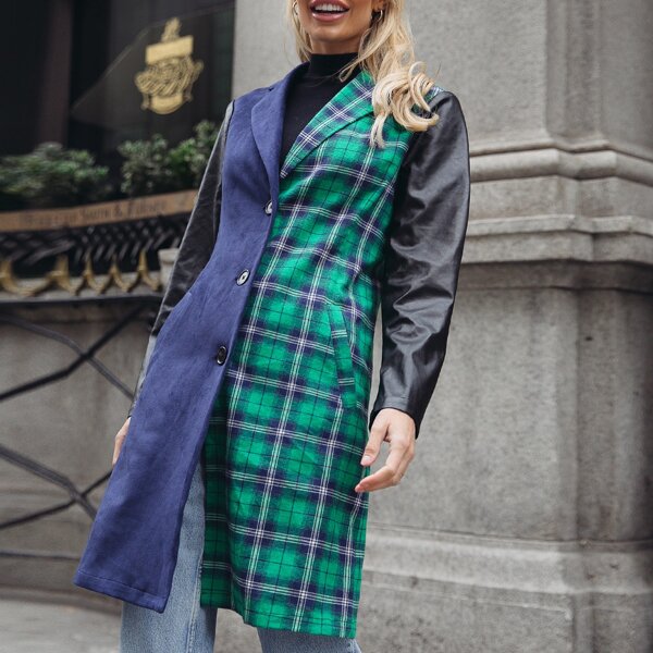 

Lapel Collar PU Sleeve Tartan Colorblock Coat, Multicolor