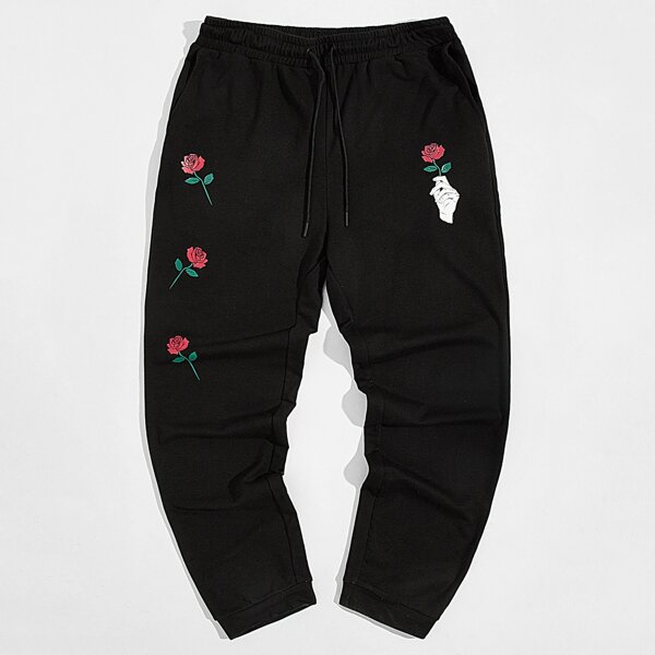 

Men Drawstring Waist Hand & Floral Print Joggers, Black