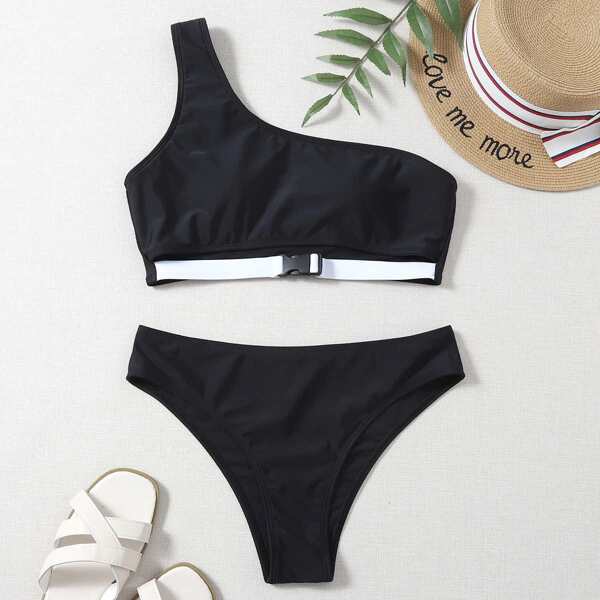 

Release Buckle Detail One Shoulder Bikini Swimsuit, Black