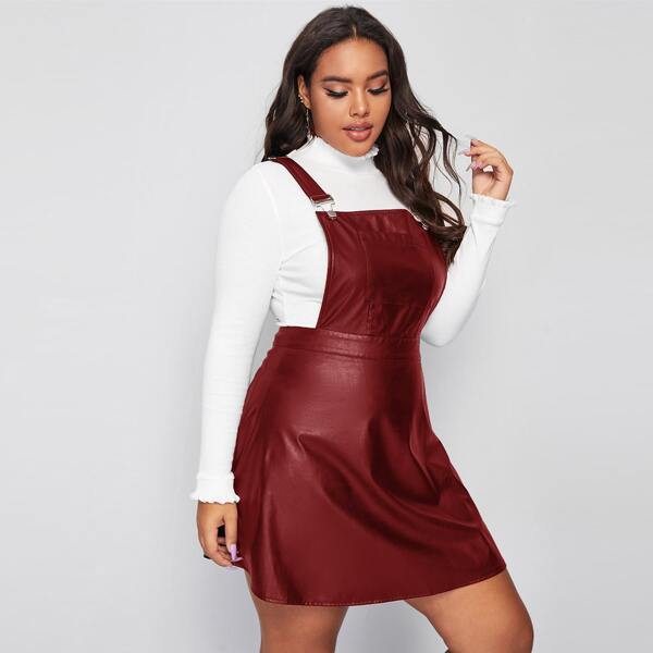 

Plus Zipper Back PU Leather Overall Dress, Burgundy