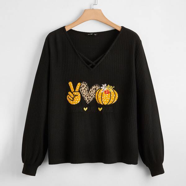 

Plus Patched Front Embroidery Letter Waffle Knit Tee, Black