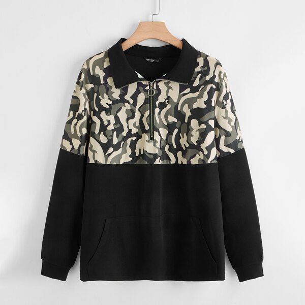 

Plus Contrast Camo Panel Zip Half Sweatshirt, Black