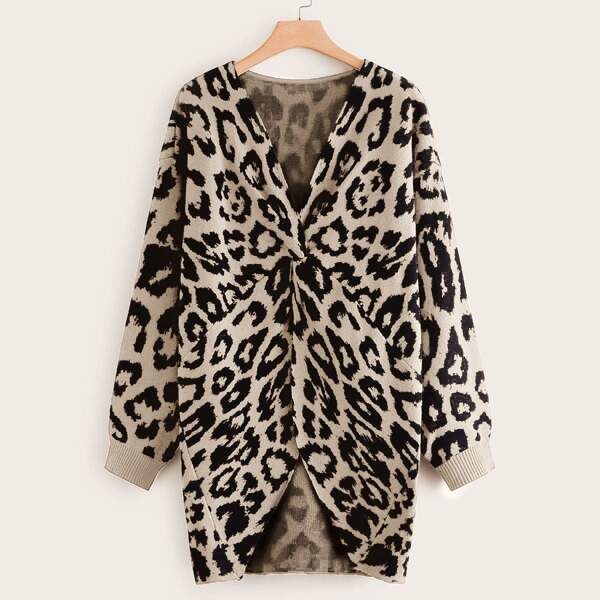 

Plus Leopard Pattern Twist Front Sweater, Multicolor