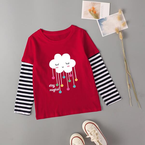

Toddler Girls Cartoon Graphic Striped Sleeve Tee, Burgundy