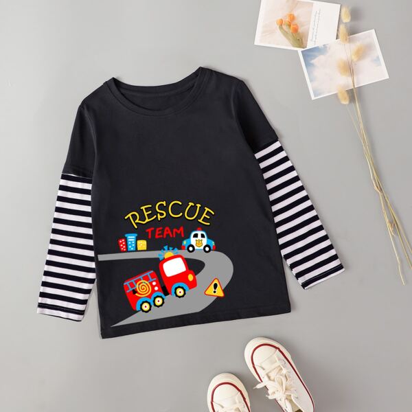 

Toddler Boys Cartoon Graphic Striped Sleeve 2 In 1 Tee, Black