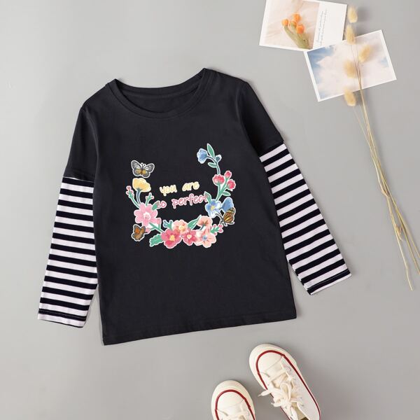 

Toddler Girls Floral & Slogan Graphic 2 In 1 Tee, Black