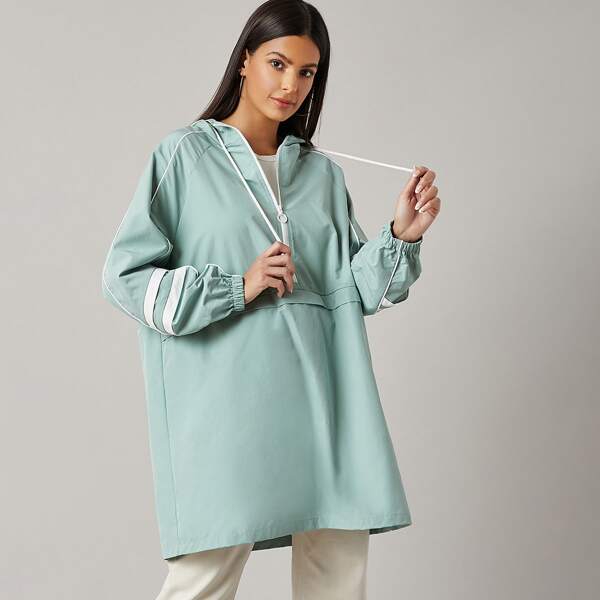 

Striped Raglan Sleeve Half Zipper Placket Drawstring Hooded Jacket, Mint green