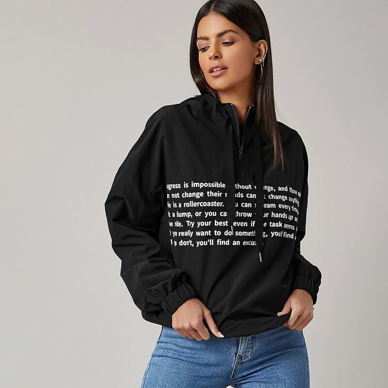 

Drop Shoulder Slogan Graphic Half Zipper Drawstring Hooded Jacket, Black