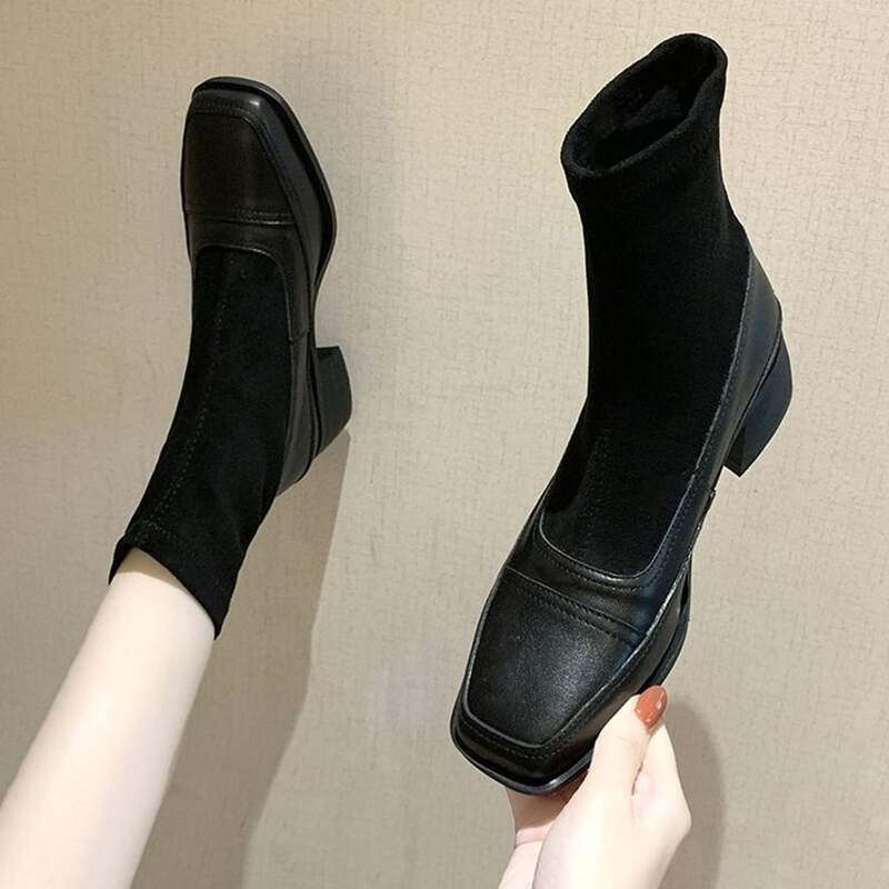 

Square Toe Chunky Heel Sock Boots, Black