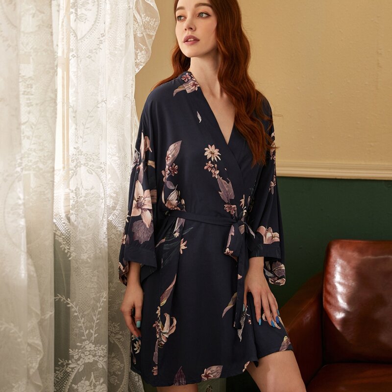 

Floral Print Belted Robe, Navy blue