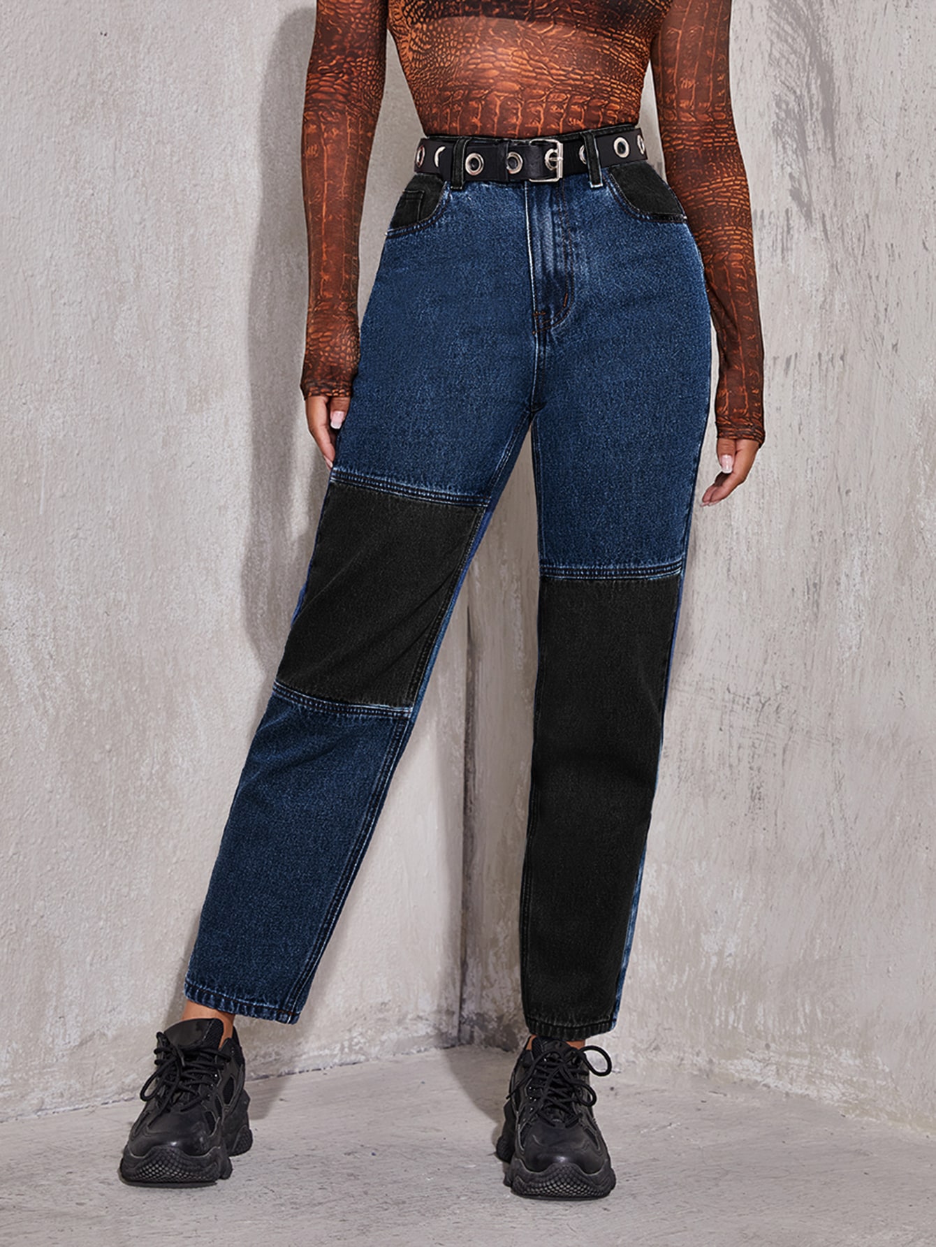 High Waist Cut and Sew Jeans Without Belt thumbnail