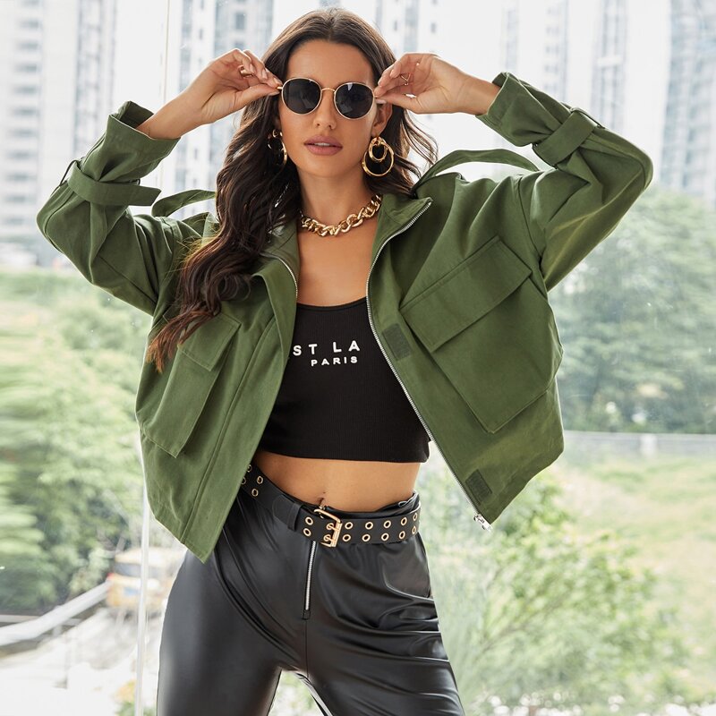 

Drop Shoulder Belted Sleeve Flap Pocket Jacket, Army green
