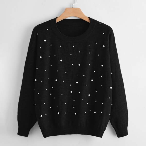

Plus Pearls Detail Drop Shoulder Sweater, Black