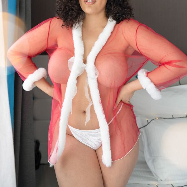 

Plus Mesh Faux Fur Trim Robe & Thong, Red