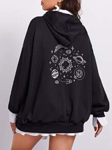 Galaxy Print Kangaroo Pocket Hoodie - Black - View 1
