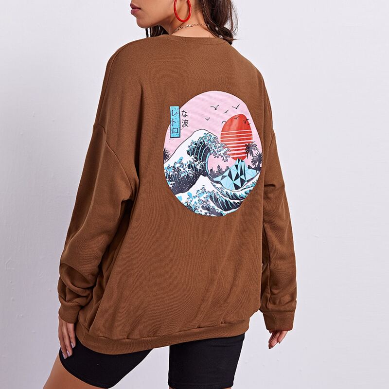 

ROMWE X Vincenttrinidadart Drop Shoulder Wave Print Oversize Pullover, Coffee brown
