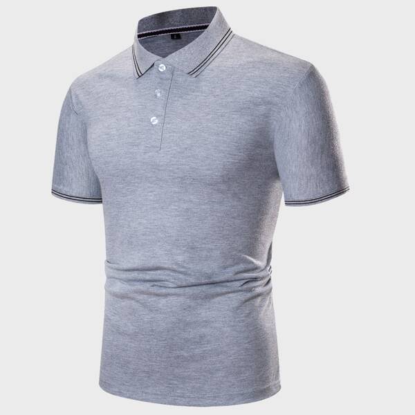

Men Striped Print Half Placket Polo Shirt, Grey
