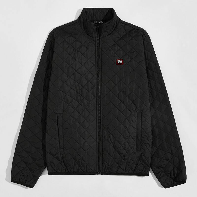 

Guys Patched Detail Zipper Placket Quilted Jacket, Black